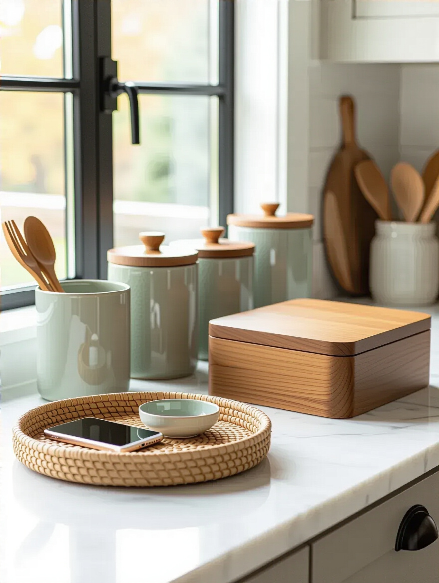Kitchen countertop with elegant ceramic canisters, a lidded wooden box, and a decorative tray for hidden storage.