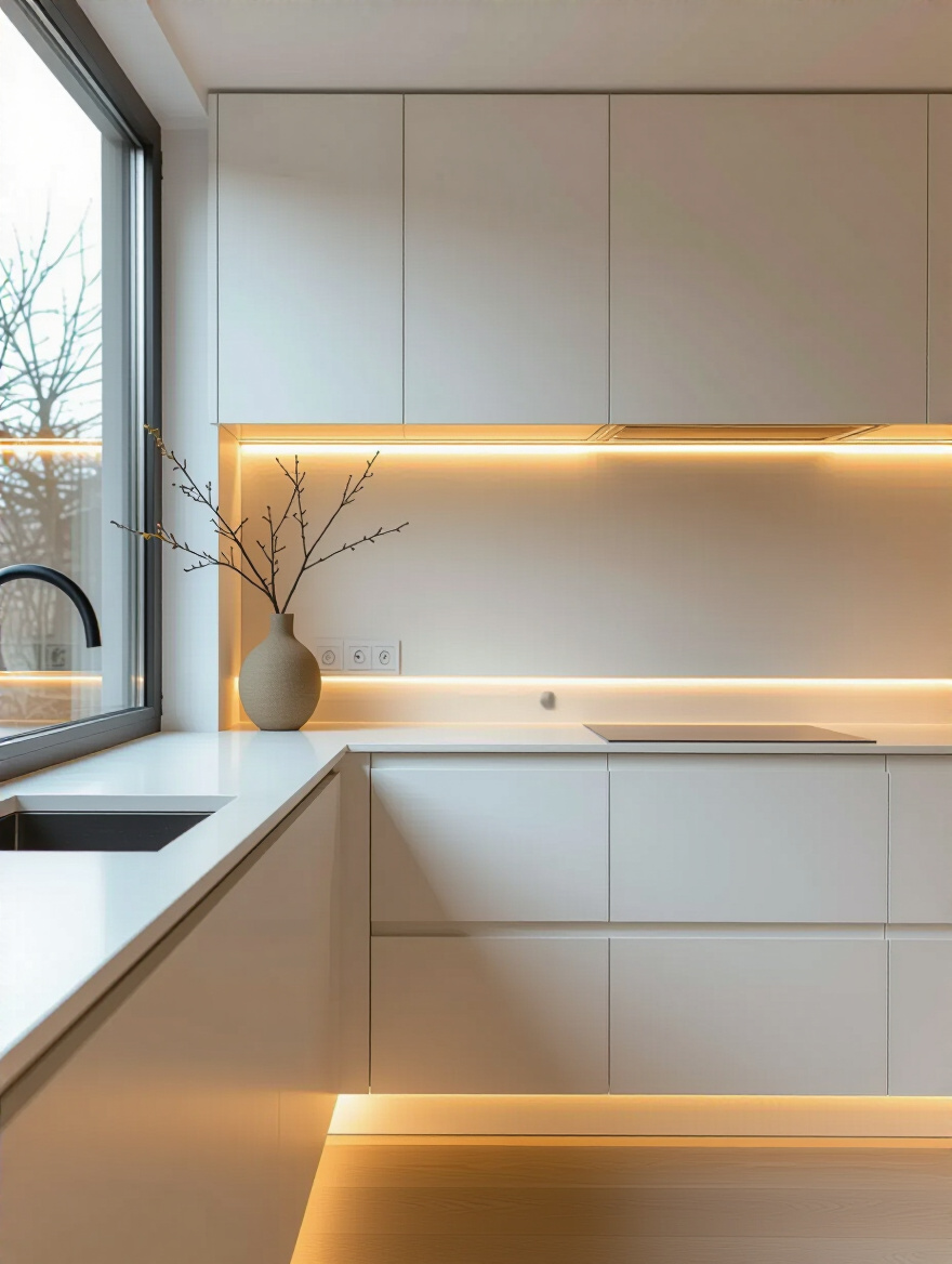 Modern kitchen featuring seamless white matte handleless cabinetry with integrated G-profile channels and subtle LED lighting, creating an uncluttered and expansive design.