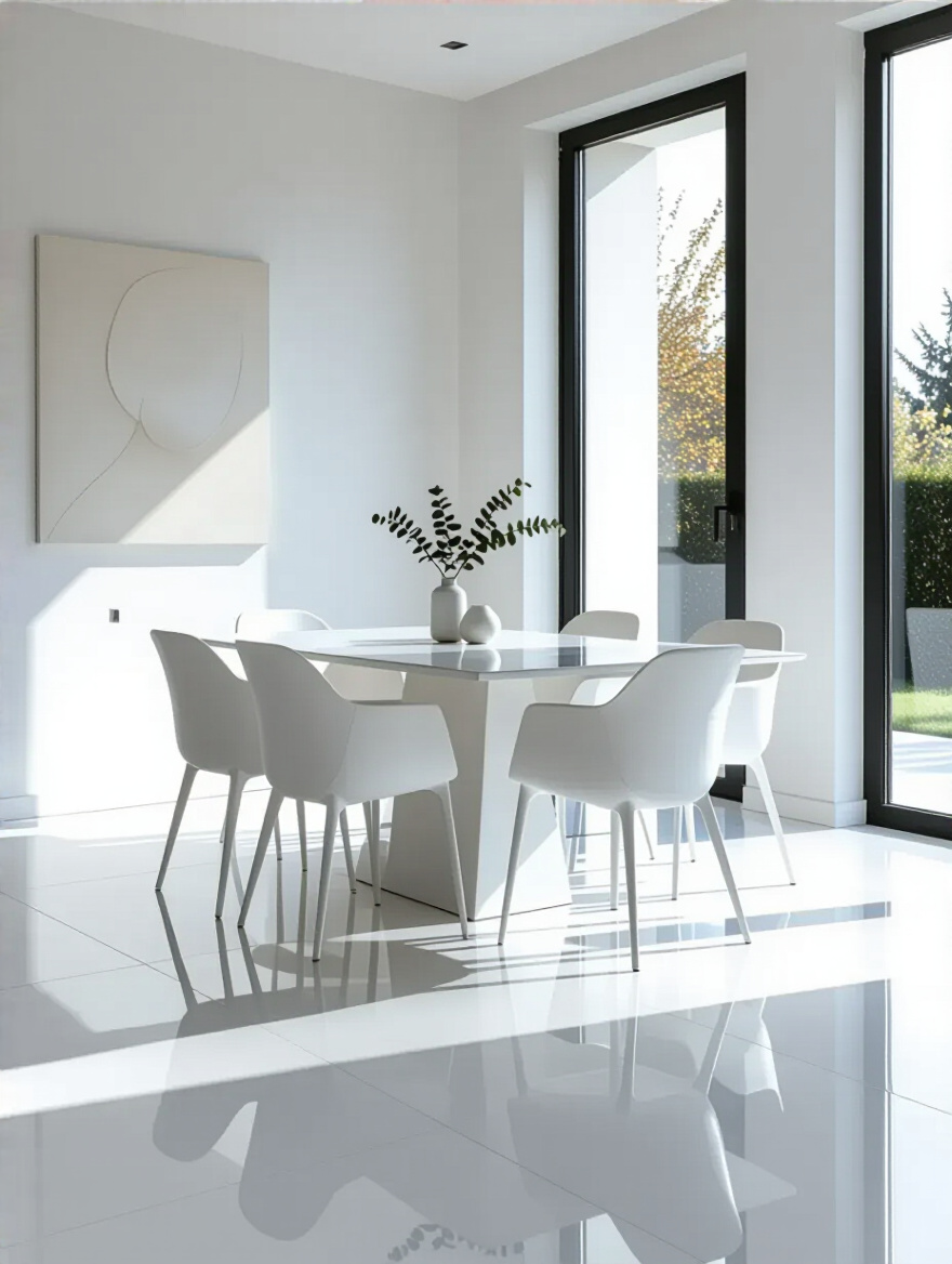 A pristine white dining room featuring highly resilient polished white porcelain tiles that beautifully reflect light, creating a bright and clean aesthetic. A minimalist white dining table and chairs complement the elegant, easy-to-maintain floor.