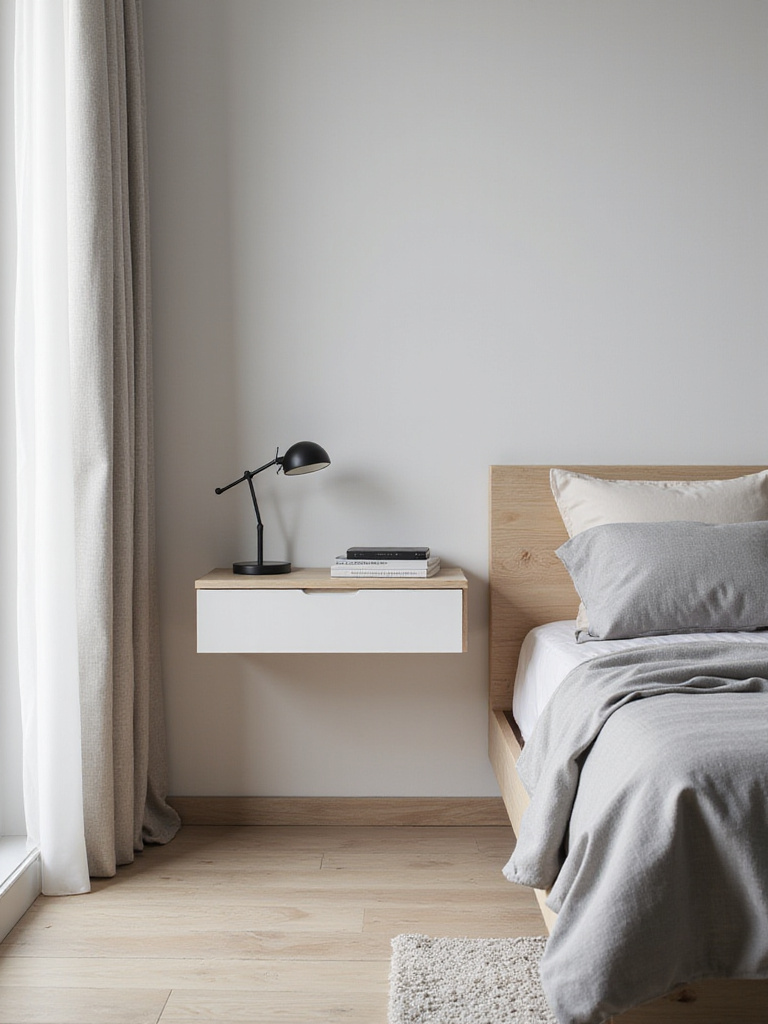 Modern bedroom with a minimalist floating wall-mounted nightstand beside a bed, showcasing open floor space and a clean design.
