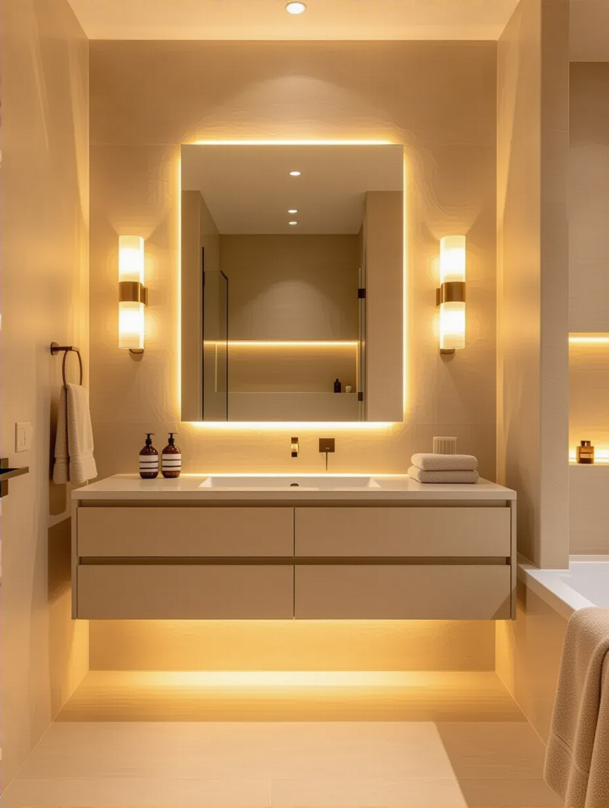 A luxurious beige bathroom illuminated with soft, warm LED lighting, featuring a modern floating vanity, large mirror, and recessed lighting, creating a spa-like and inviting ambiance.