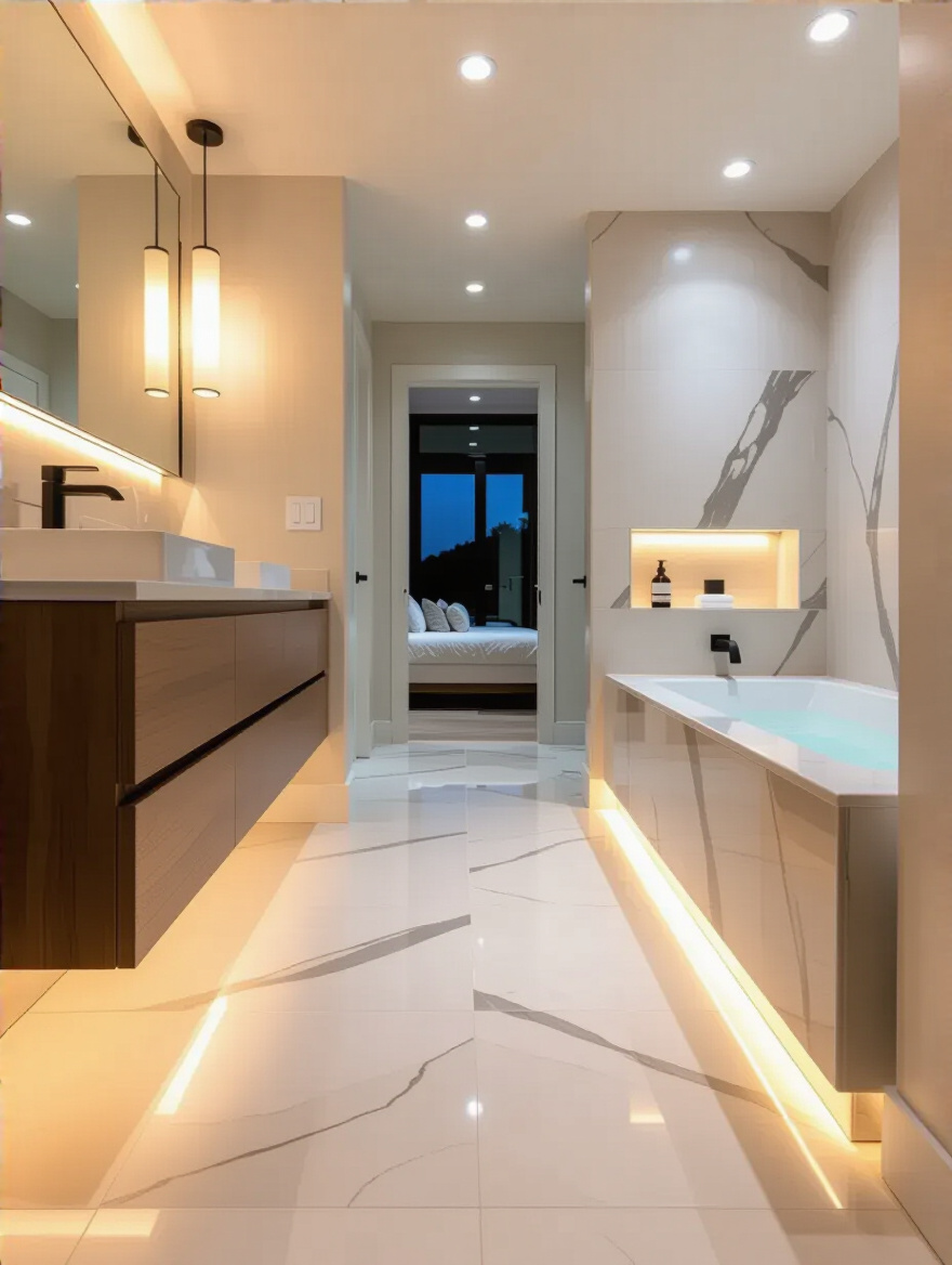 Portrait of a bathroom with layered lighting highlighting the new floor's features
