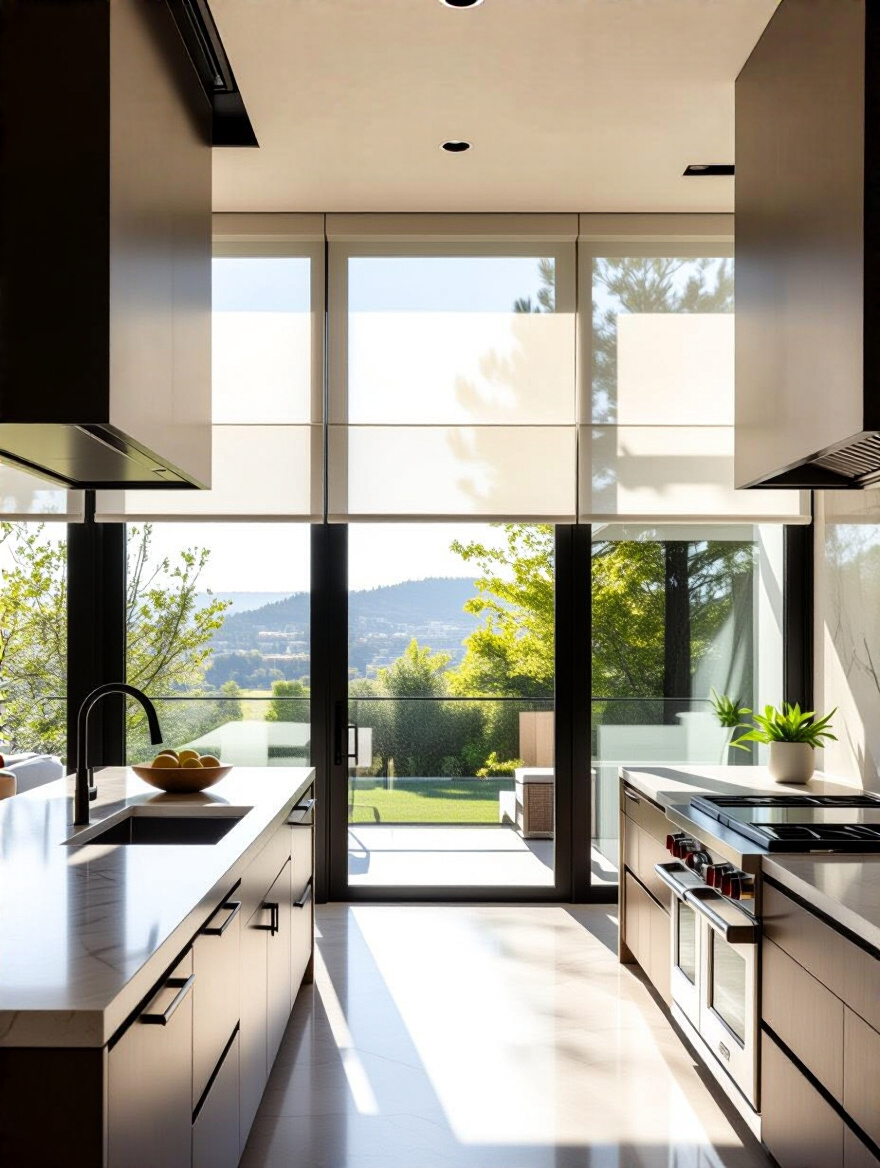 A bright modern luxury kitchen featuring expansive floor-to-ceiling window treatments, including sheer and opaque layers, optimizing natural light for a sleek and functional space.