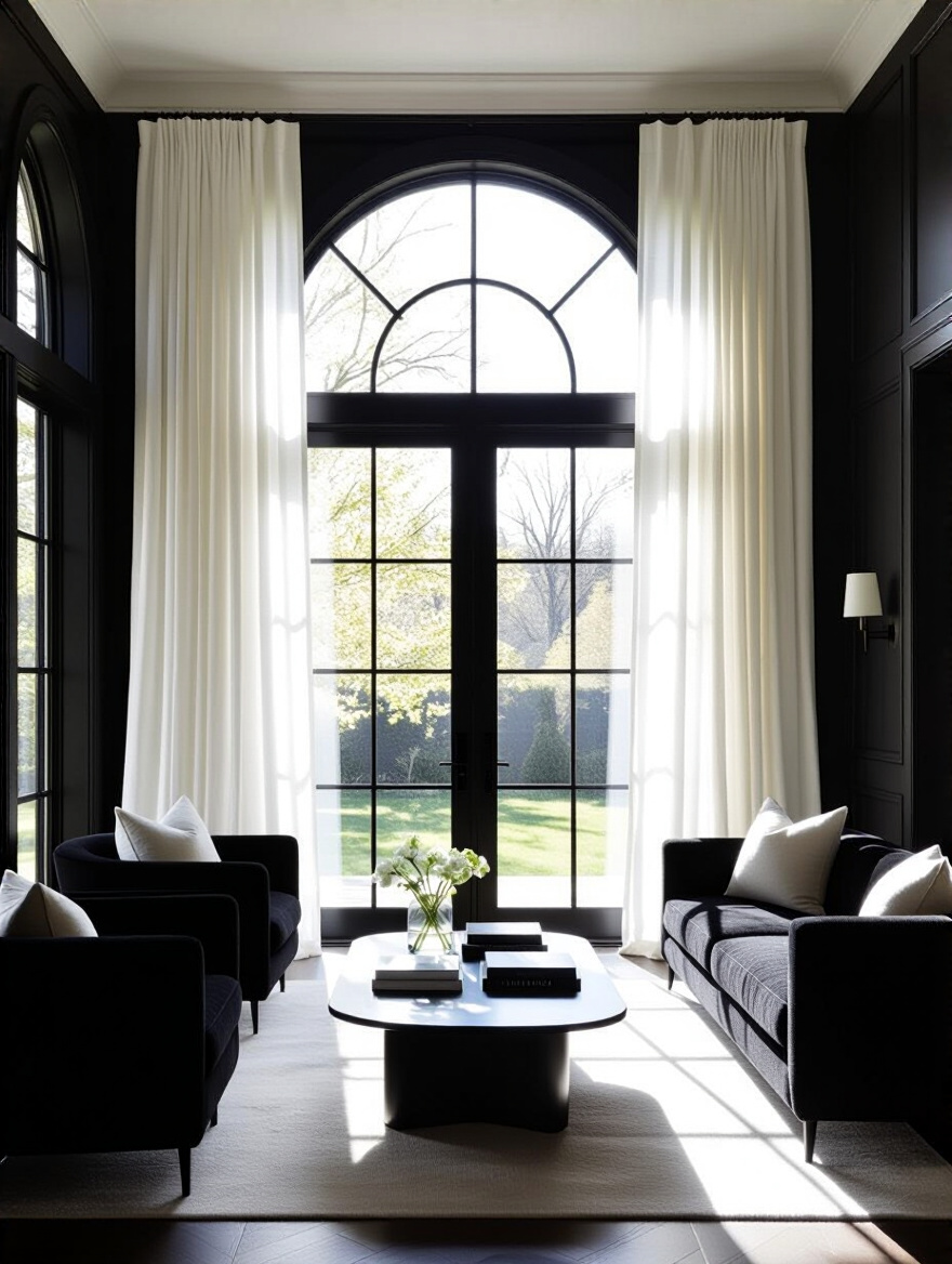 A chic black living room features large windows dressed in sheer white linen curtains, expertly diffusing natural light to create an open and bright atmosphere, highlighting the elegant textures of dark furniture.