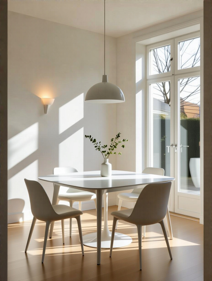 White dining room with clear pathways around a table and sideboard