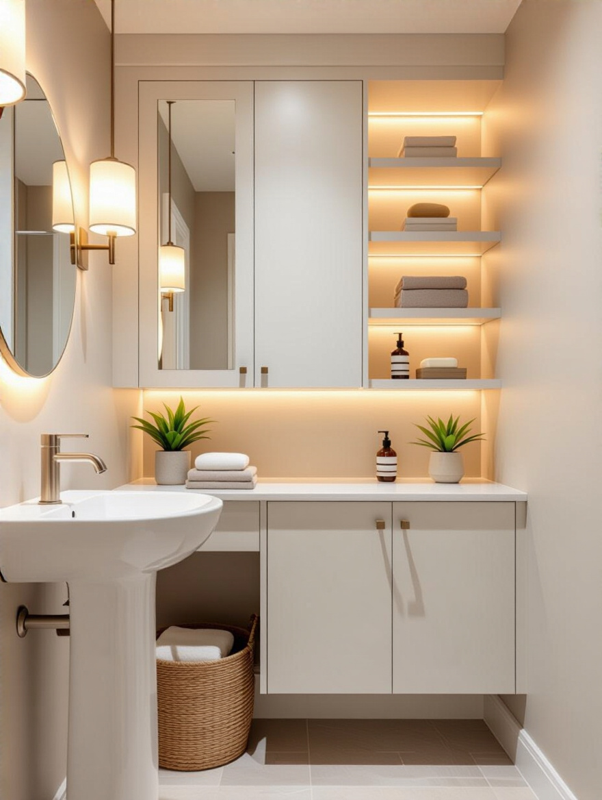 Powder room with vertical storage solutions and wall mounted units