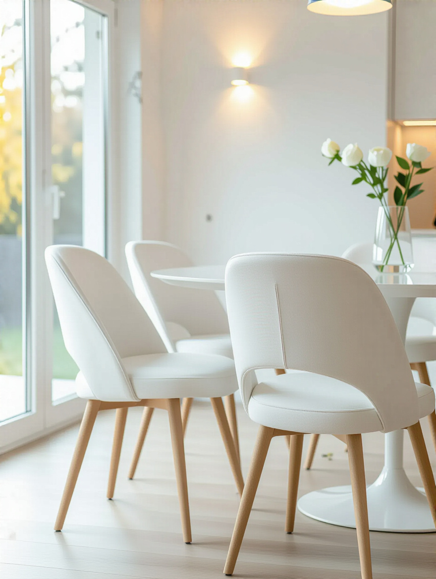 Portrait of a white dining room with a pair of ergonomic dining chairs showing comfort and style.