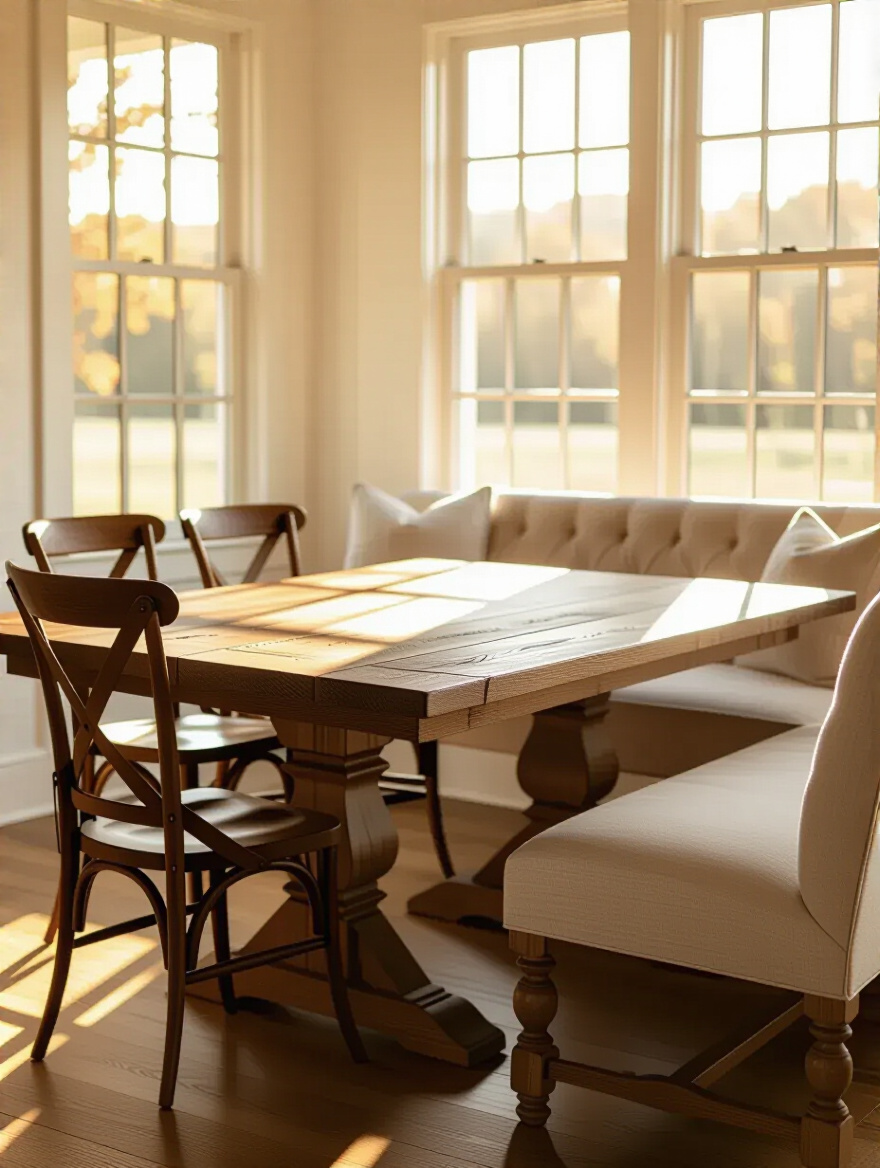 Farmhouse dining room with a long wooden table, showcasing a mix of cross-back chairs and an upholstered linen bench for cohesive seating. Natural lighting.