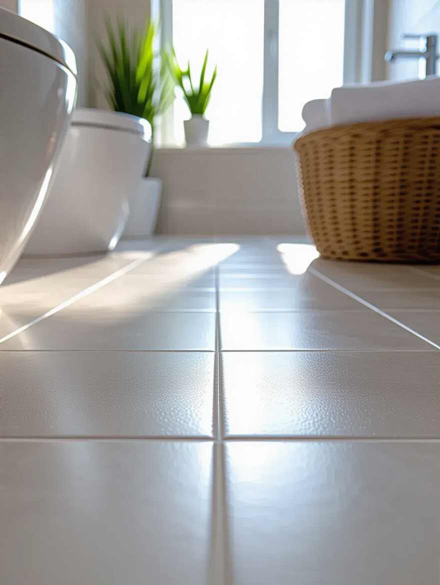 Portrait view of bathroom grout joints showing a seamless, water-resistant finish.