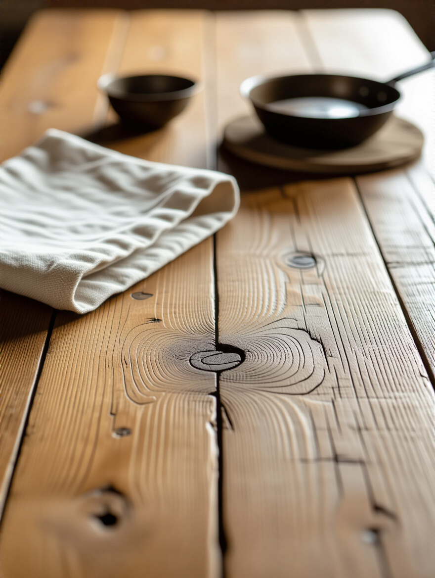Close-up of a farmhouse dining table showing a small dent covered by a damp cloth, with a vintage iron nearby, illustrating DIY minor dent repair.