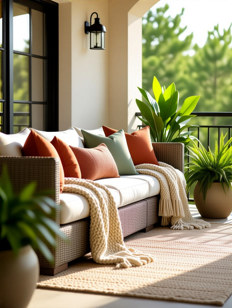 Balcony lounge with layered pillows, throws, and rug