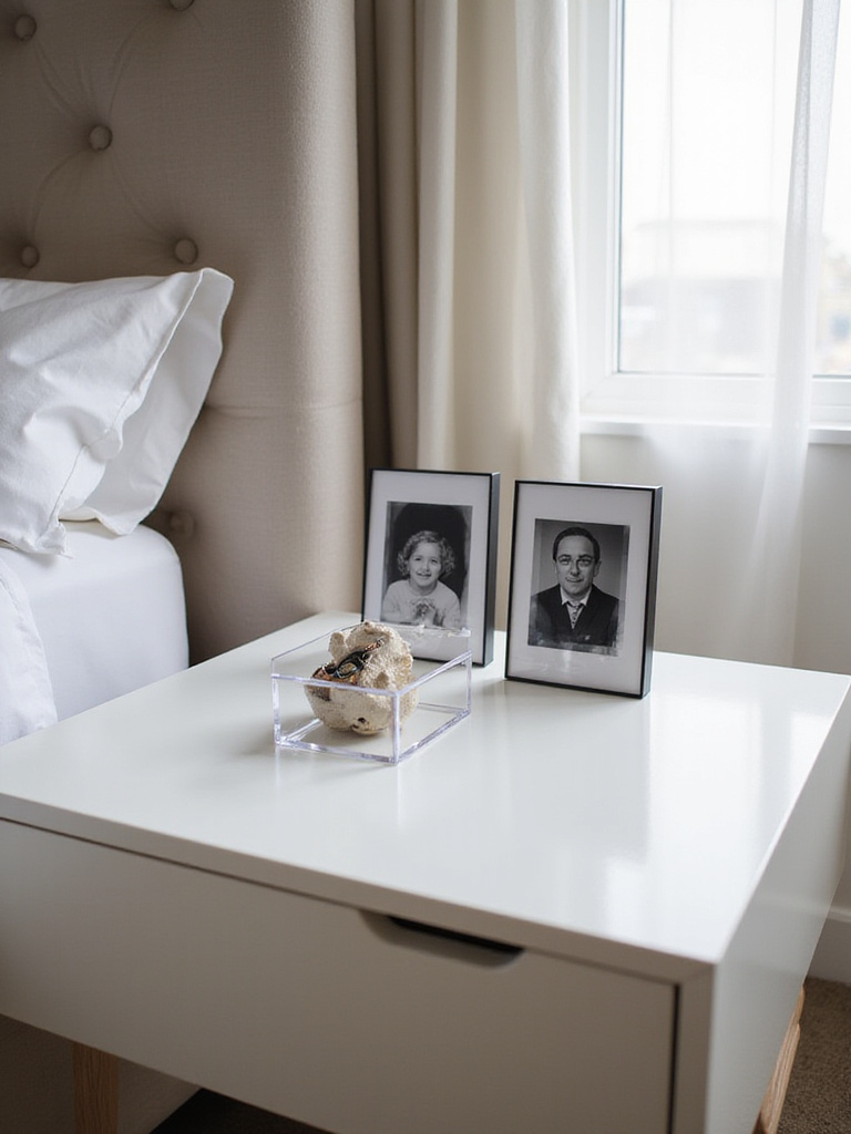 Close-up of a modern bedroom nightstand showcasing two small framed black and white family photos and a clear acrylic display box containing a delicate memento, illustrating subtle personal decor.