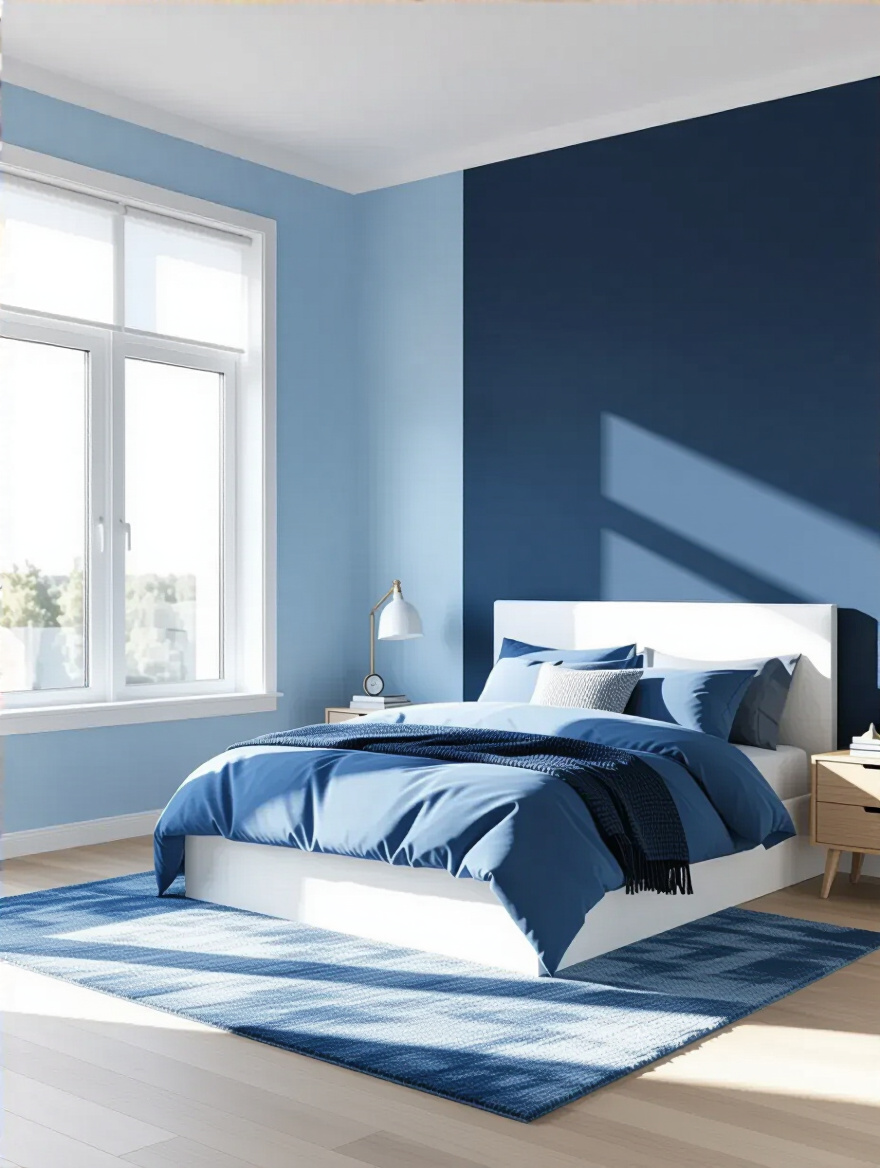 Portrait of a balanced blue bedroom with walls and textiles