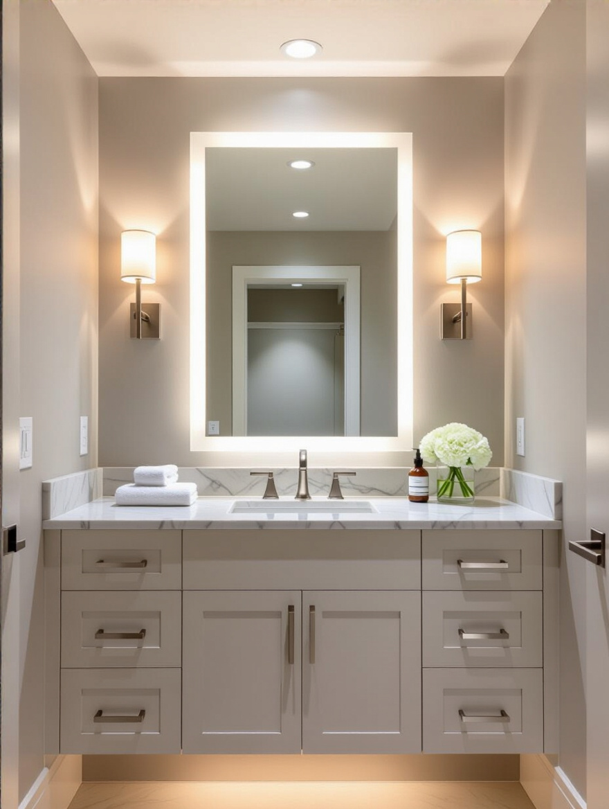 Portrait powder room with layered lighting and backlit mirror