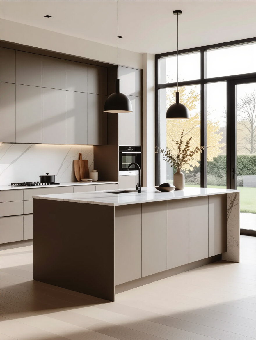 Modern luxury kitchen featuring sleek, reconfigurable modular cabinetry and island components for future adaptability and design evolution.