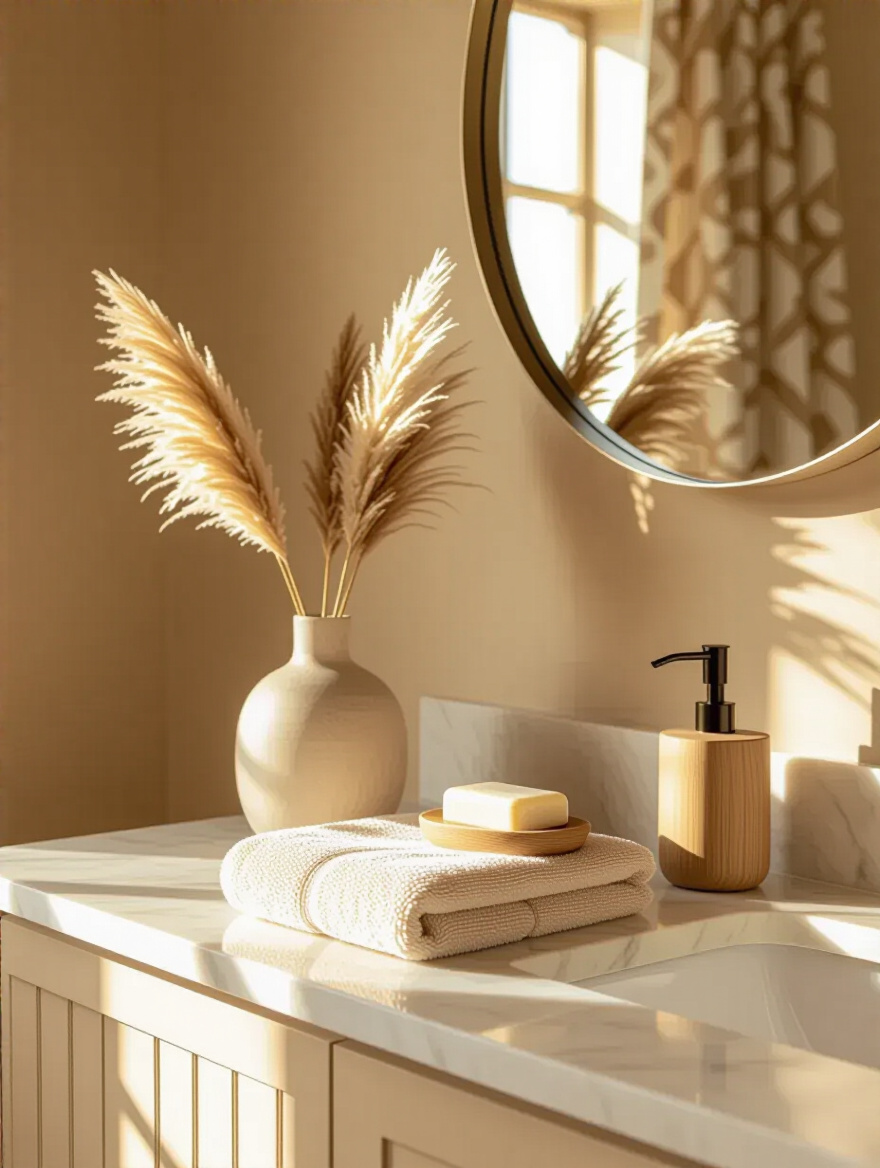 Beige bathroom vanity with subtle seasonal autumn decor, including pampas grass and natural wood accents, highlighting effortless decor evolution.