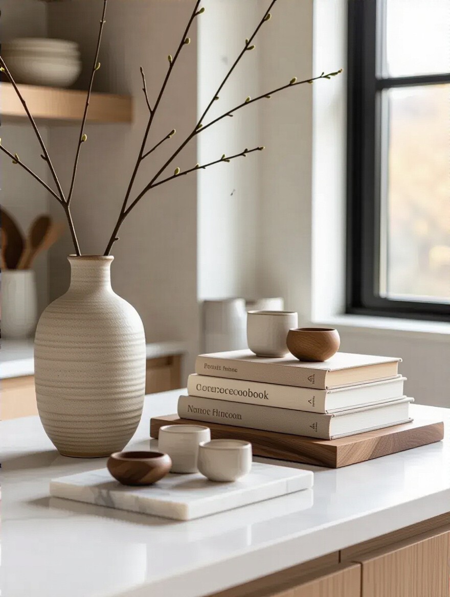 Stylish kitchen countertop vignette featuring a tall ceramic vase with branches, a mid-height cookbook stack, and a low marble tray with small decor pieces. The arrangement demonstrates dynamic interest with varying heights and diverse textures on a light quartz countertop under natural light.