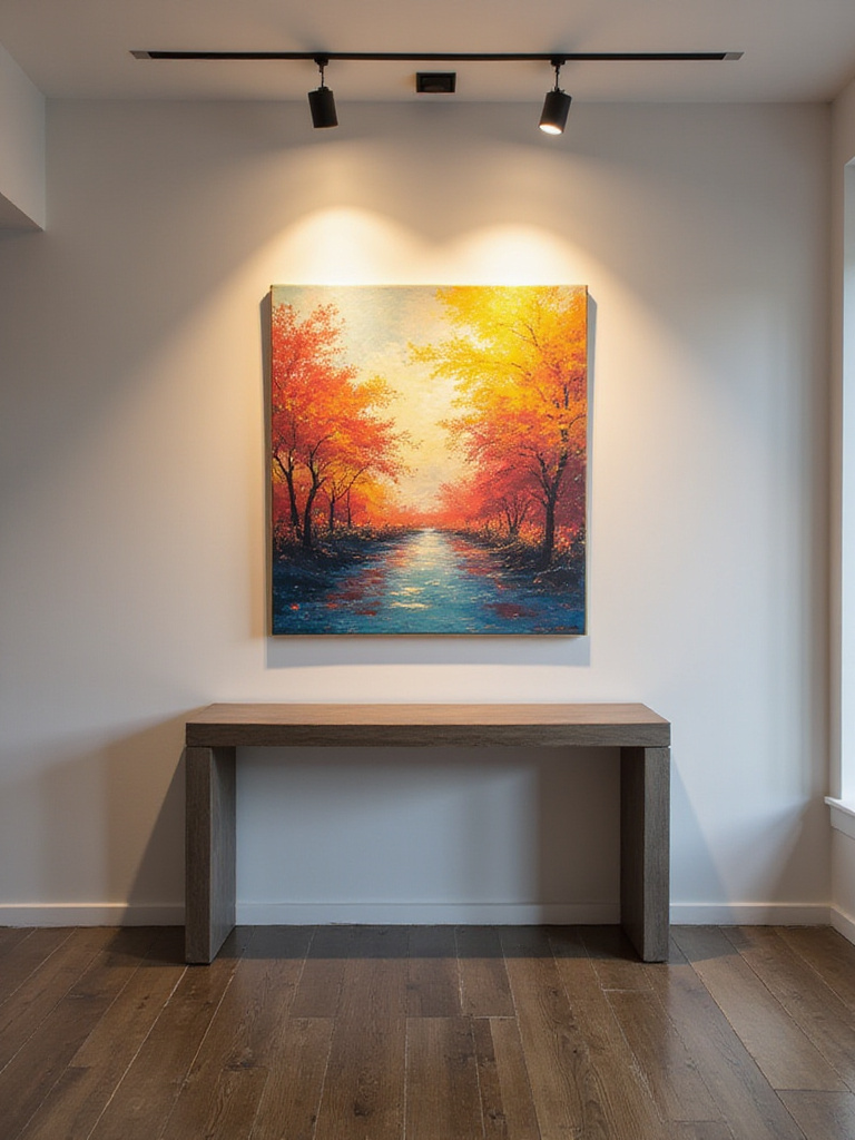 Modern dining room with abstract artwork brilliantly lit by ceiling-mounted accent lights, showcasing art highlighting.