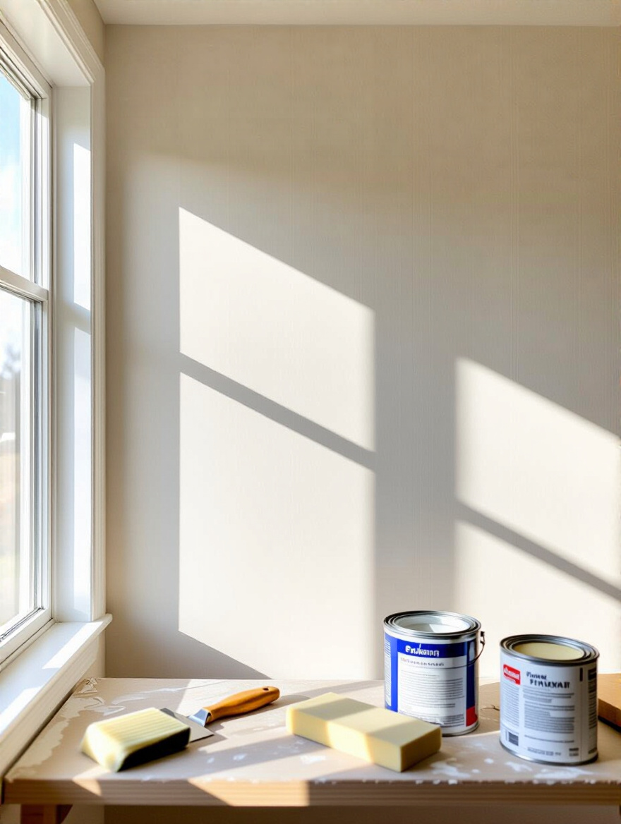 Portrait of a prepped wall with primer sheen and prep tools in the foreground