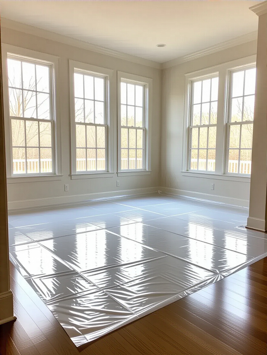A meticulously cleared dining room with protective moving blankets laid out on hardwood floors, ready for a farmhouse dining table installation. The room is clean and bright.