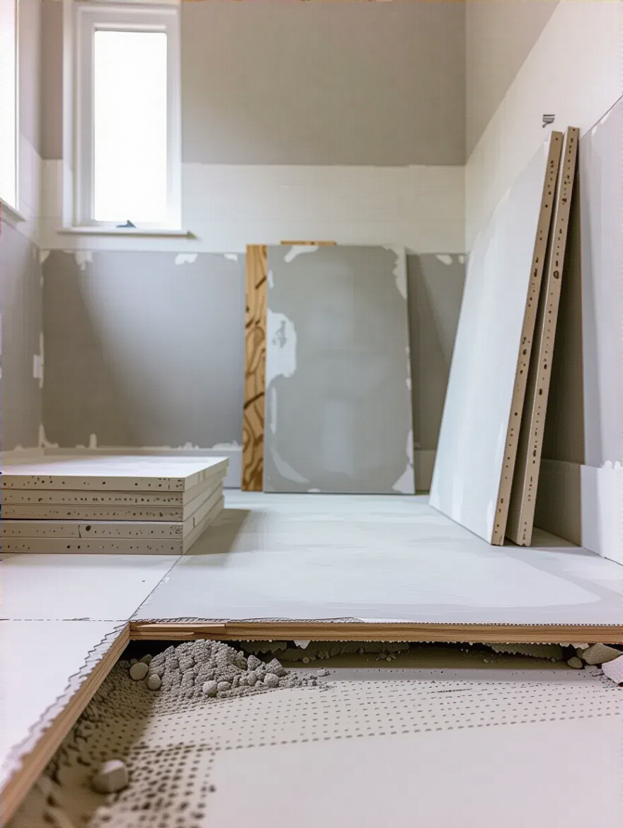 Portrait image of a bathroom subfloor being prepared with leveling compound and backer board, no people.