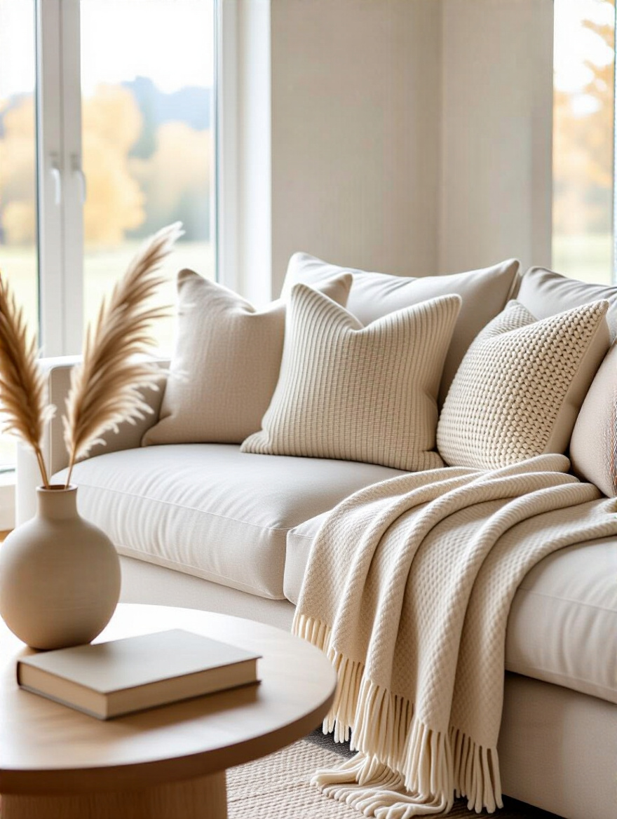 A sophisticated beige living room featuring a plush, deep-cushioned sofa with various textured throw pillows and a soft blanket, emphasizing comfortable seating arrangements. A warm, inviting atmosphere with natural light and a stylish side table.