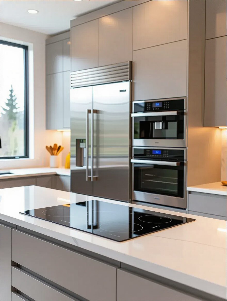 A sleek modern luxury kitchen featuring integrated energy-efficient appliances, including an induction cooktop, convection oven, and panel-ready refrigerator, bathed in natural light and warm LED accents, illustrating sustainable design choices.
