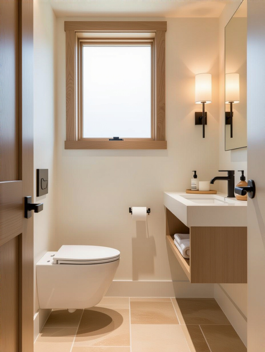 Portrait view of a compact powder room with essential fixtures