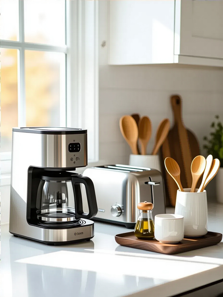 Organized kitchen countertop with a coffee maker, knife block, and utensil crock, highlighting functional everyday essentials.