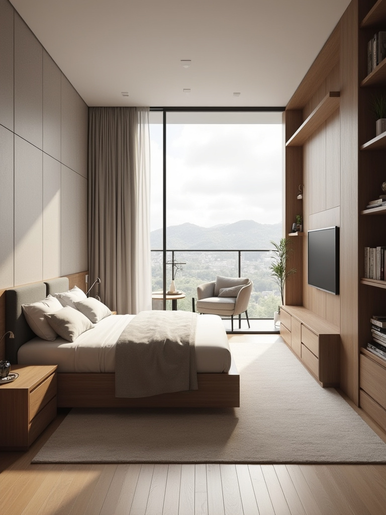 Modern bedroom with smart layout design, featuring platform bed with storage, floating nightstands, and vertical shelving for maximized space and functionality.