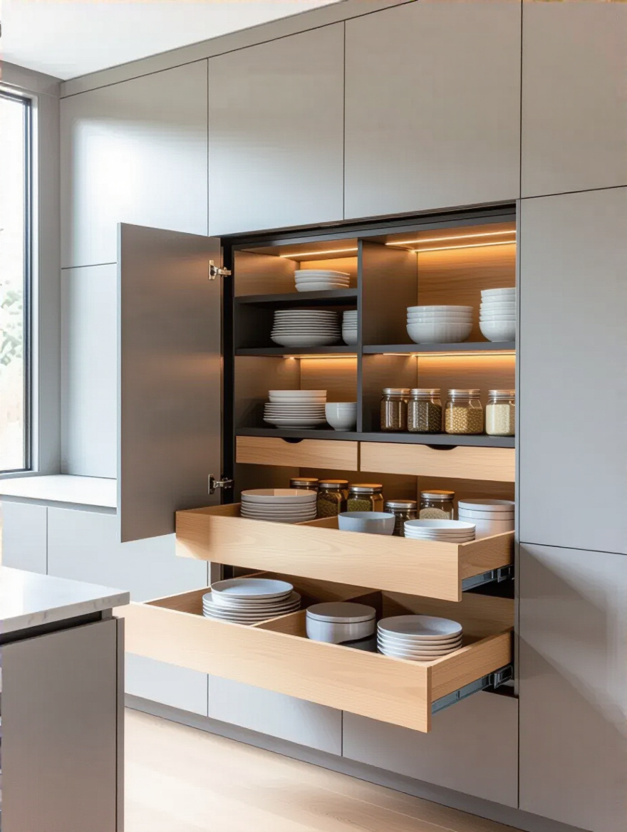 Portrait image of a modern kitchen showing integrated cabinetry with a section partially open to reveal organized pull-out drawers for smart storage.