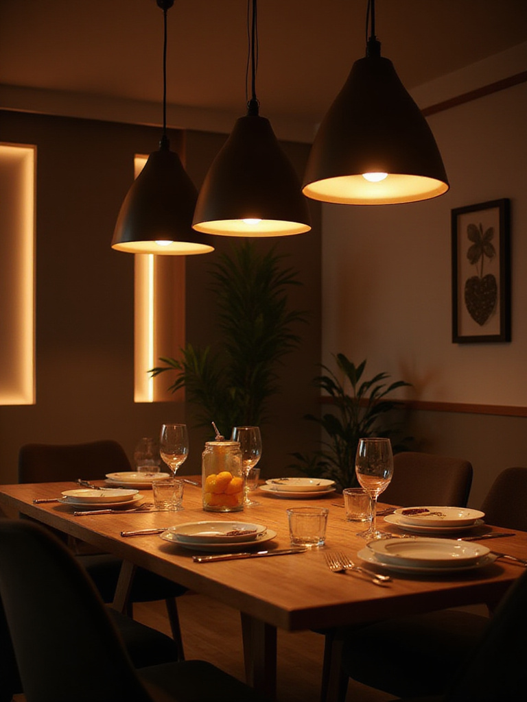 Modern dining room with warm, amber smart lighting scene active for an elegant dinner, featuring sleek pendant lights and accent lighting creating a sophisticated ambiance.