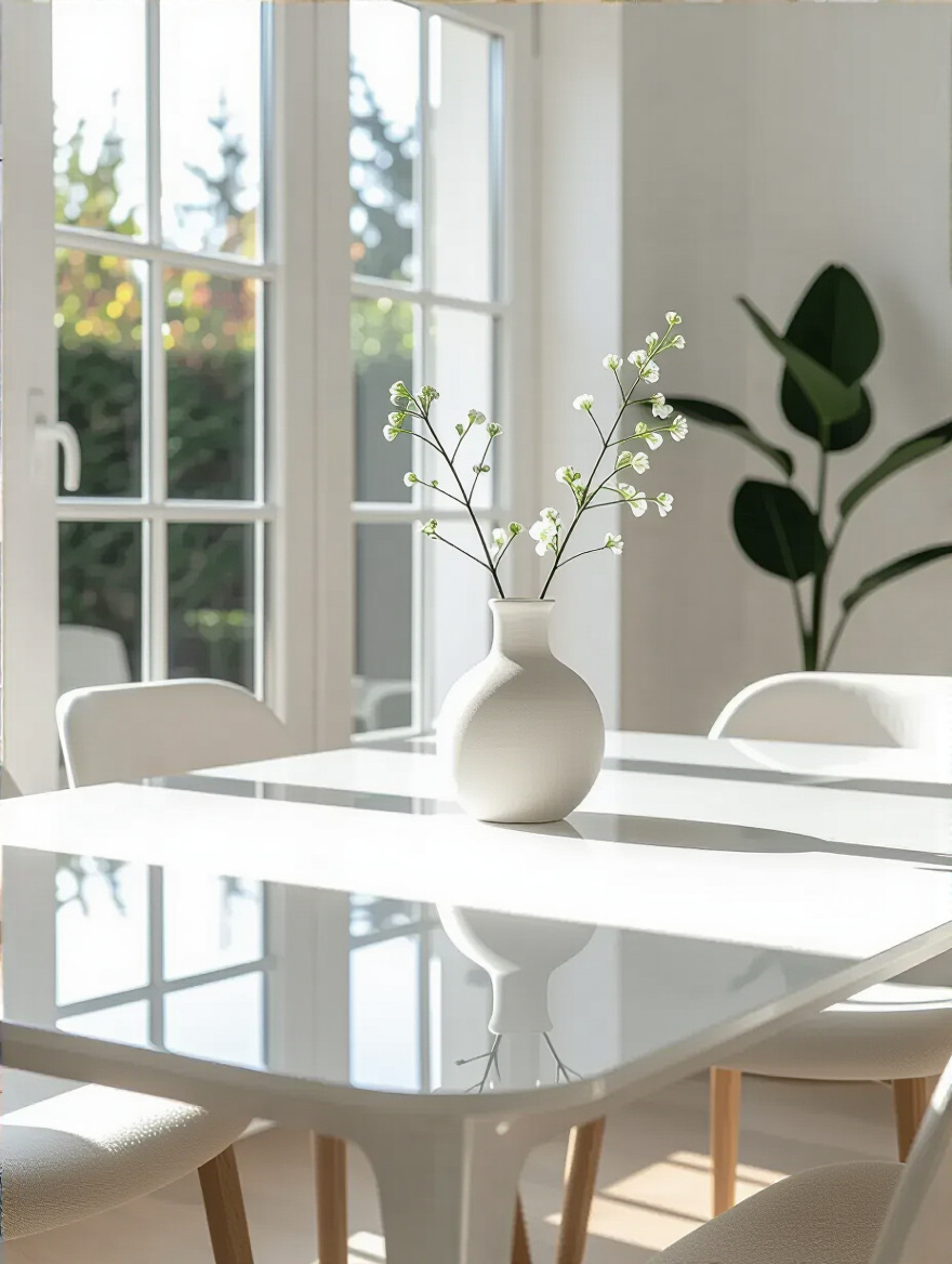 Glossy white dining surface with clear sealant finish in a modern dining room