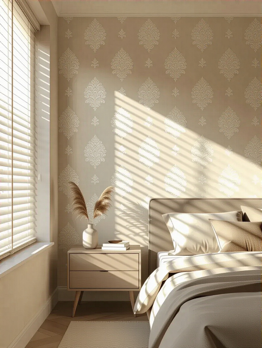 Portrait view of sunlit bedroom wallpaper protected by UV-filtering window treatment