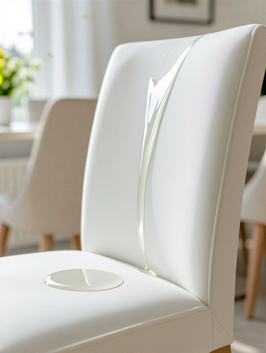 A pristine white upholstered dining chair with a water droplet beading on its protected fabric surface, showcasing stain resistance.