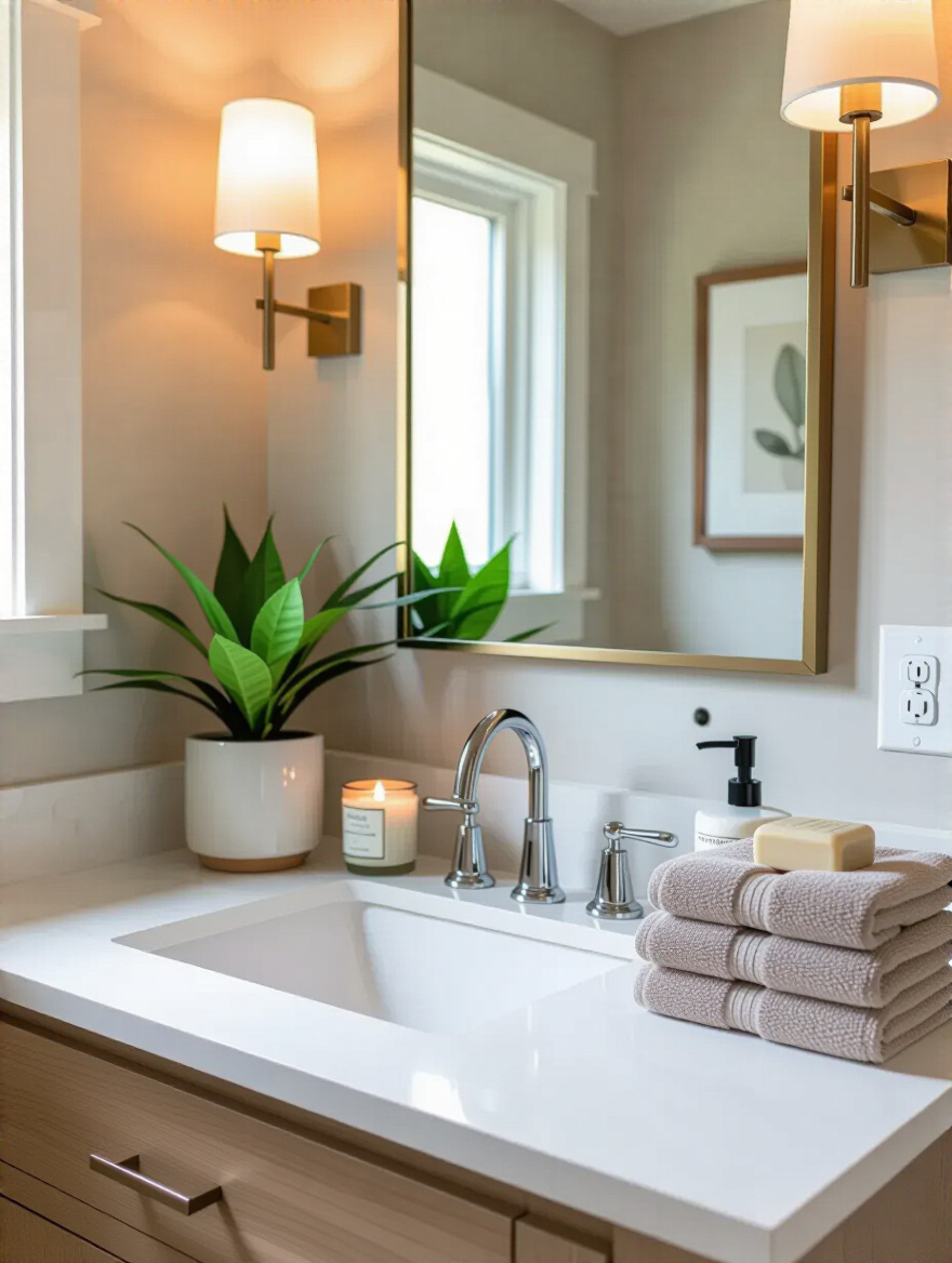 Portrait shot of a powder room with an annual decor refresh: updated towels, plant, and artwork