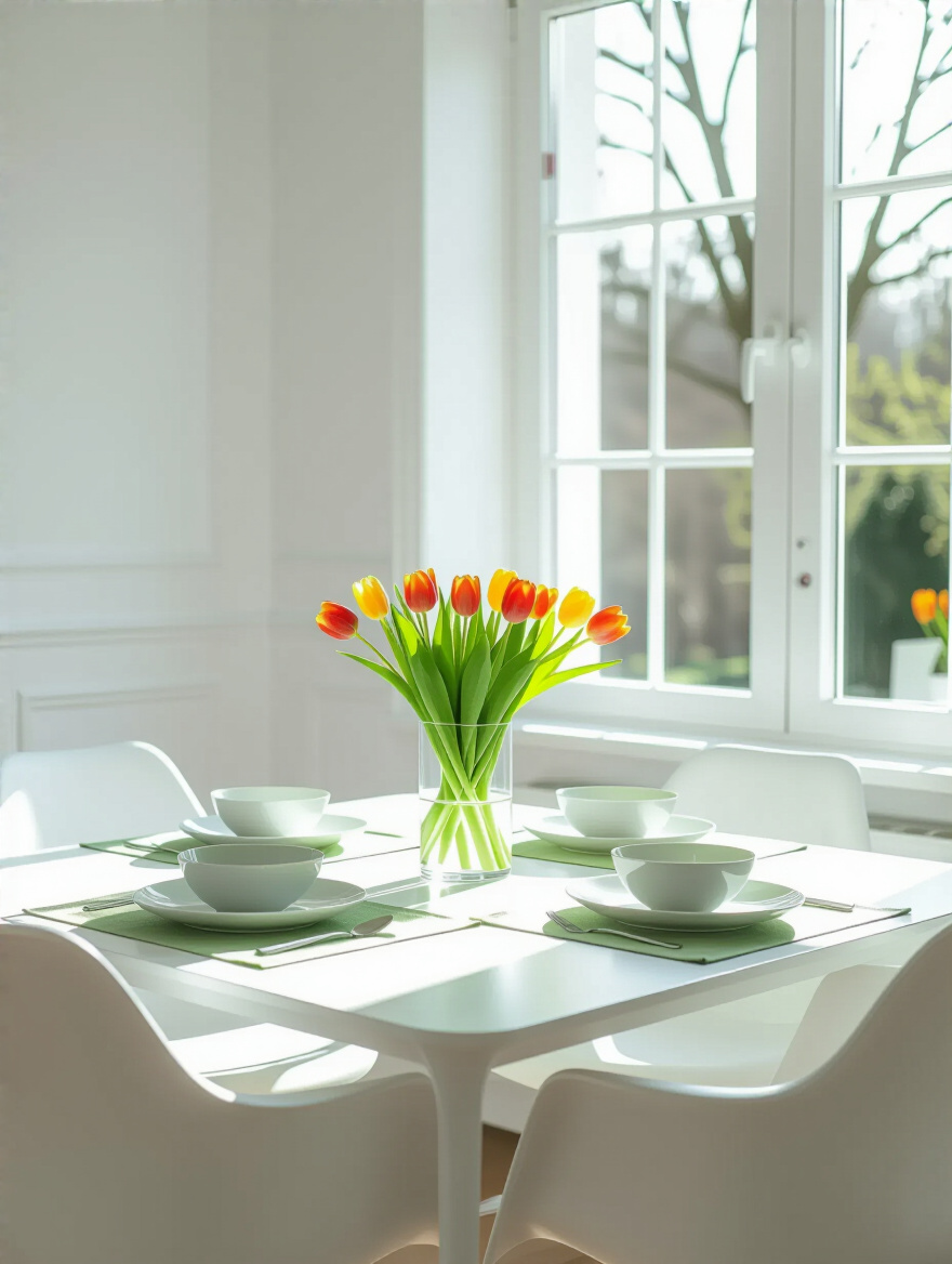 Elegant white dining room featuring a dining table set with vibrant spring tulips, light green linen, and white ceramics, illustrating how to refresh accents seasonally.