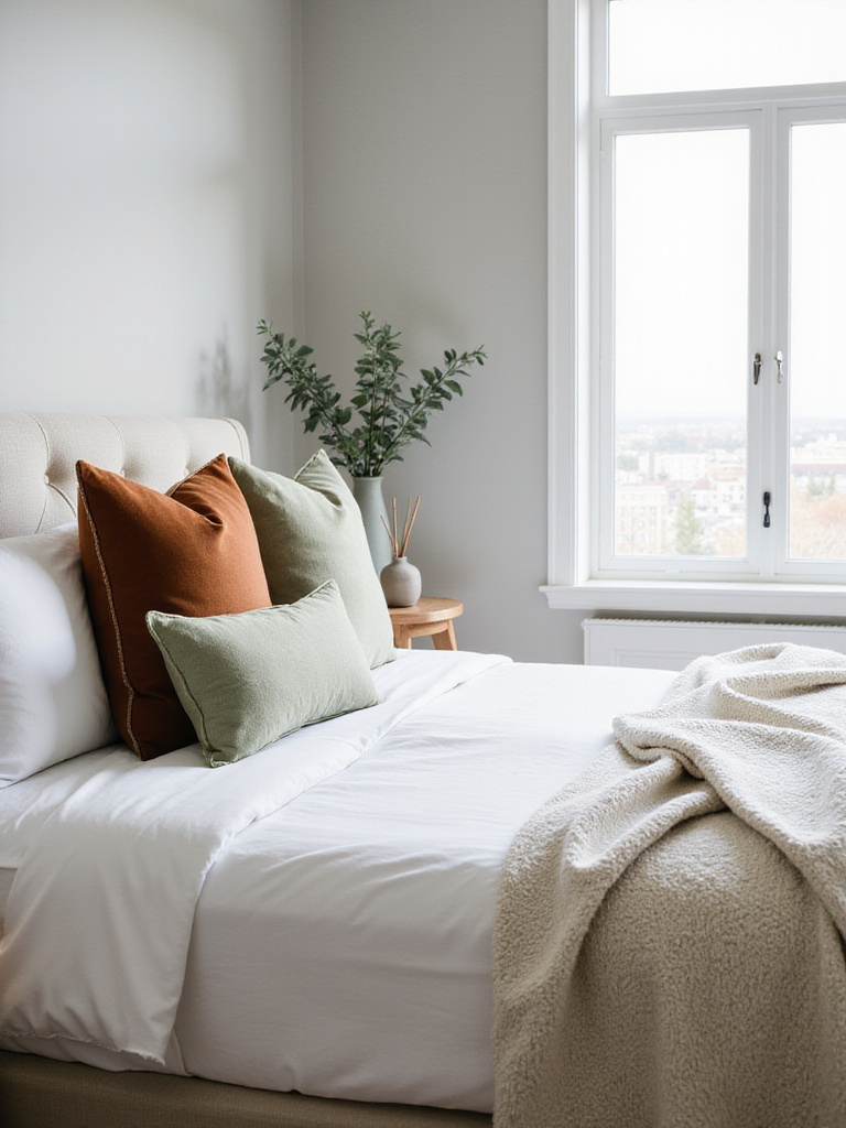 A serene modern bedroom with crisp white linens, seasonal sage green and terracotta accent pillows, and fresh eucalyptus, depicting a seasonal decor refresh.