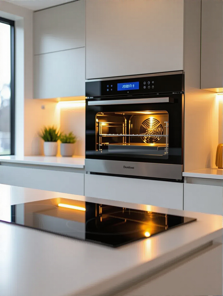 A modern kitchen featuring a sleek, integrated smart oven and induction cooktop, symbolizing advanced kitchen technology upgrades for optimal performance and efficiency.