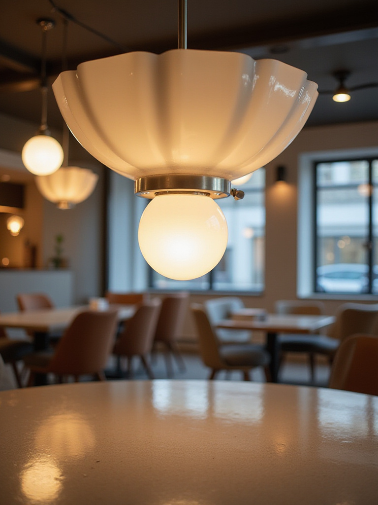 Clean modern dining room pendant light fixture, shining brightly in a minimalist dining room.