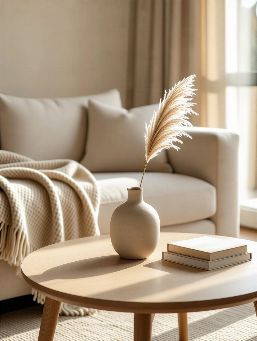 Portrait view of a meticulously decluttered beige living room, featuring a minimalist light wood coffee table with subtle decor and a beige sofa. The scene is bright with natural light, showcasing a serene and visually clear space.
