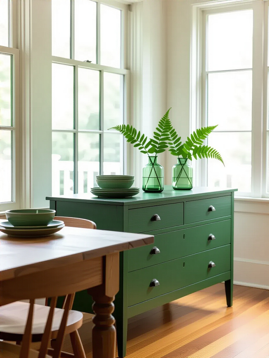 A stylish dining room featuring an upcycled green sideboard, showcasing sustainable decor and circular design.