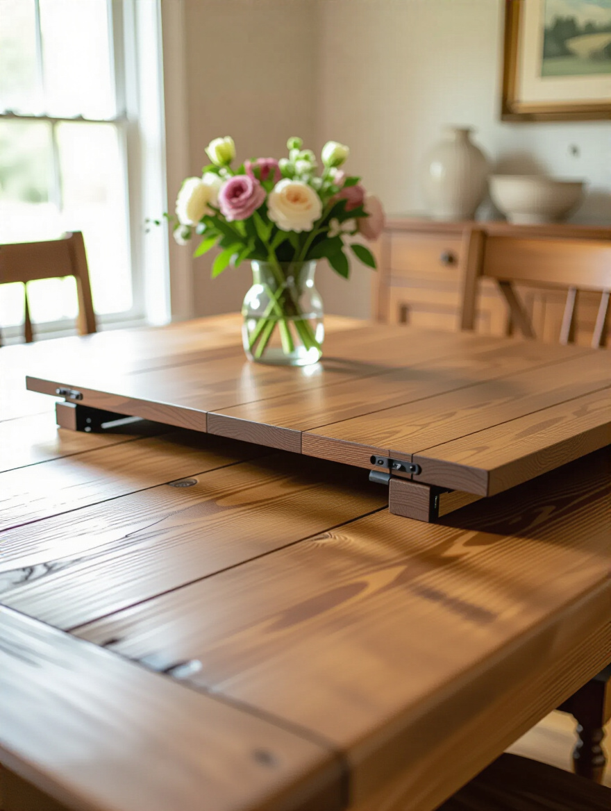 A rustic farmhouse dining table with a wooden extension leaf being carefully inserted, highlighting how table leaves add versatility and expandable seating to the dining area.