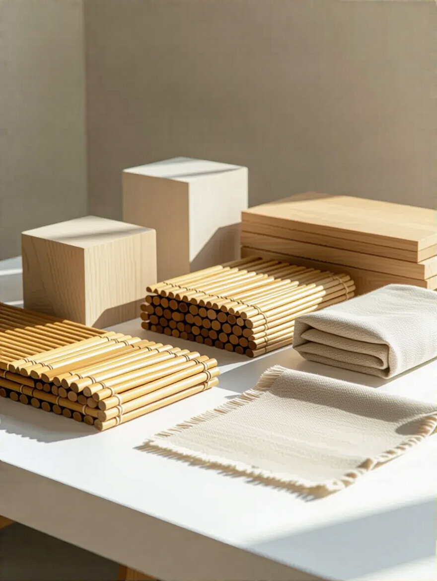 A collection of eco-friendly furniture material samples, including FSC-certified wood blocks, bamboo strips, and organic linen fabric, neatly arranged on a white table under soft natural light, illustrating sustainable options for dining tables and seating.