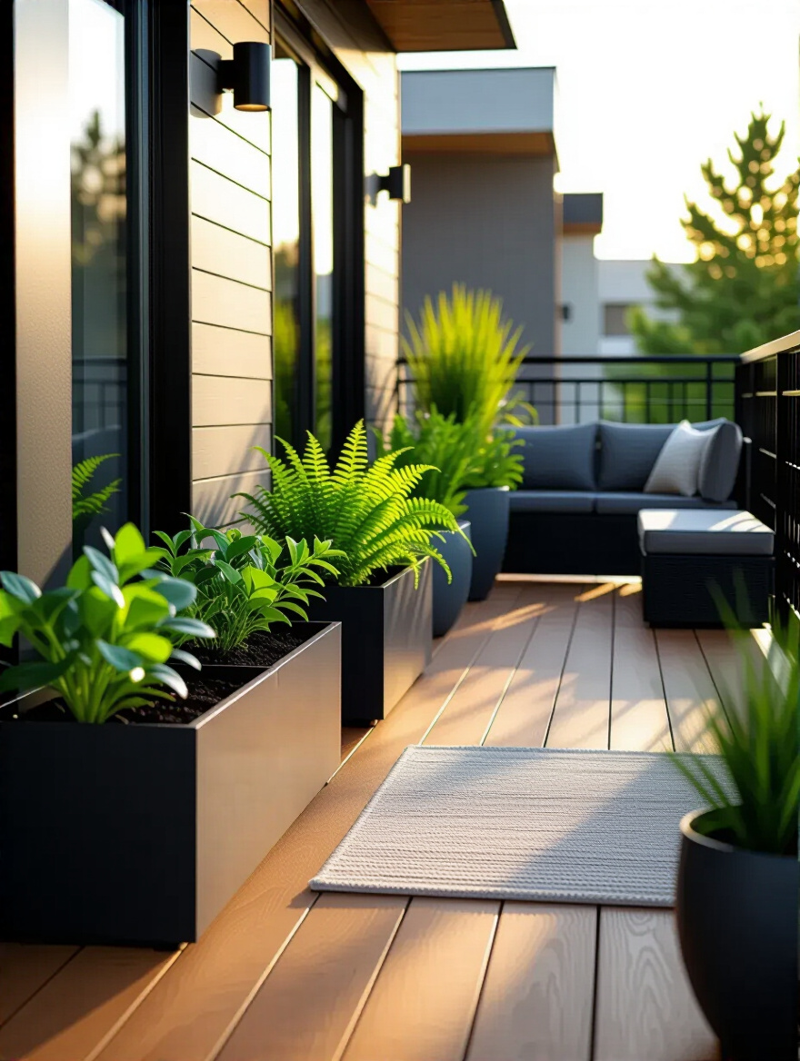 Safety-focused balcony setup with planters and seating on a sunlit deck
