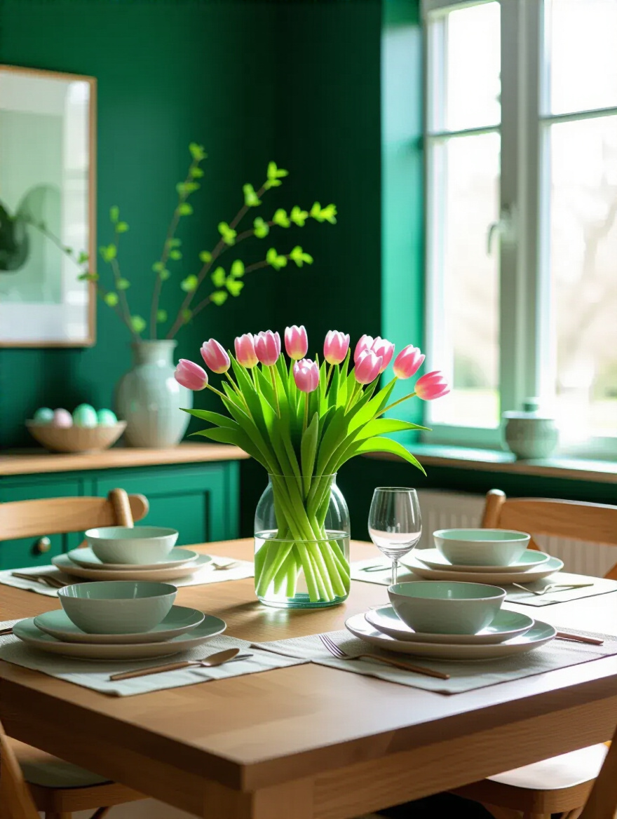 Green dining room with a table centerpiece of fresh spring tulips in a glass vase, showcasing vibrant seasonal decor rotation.