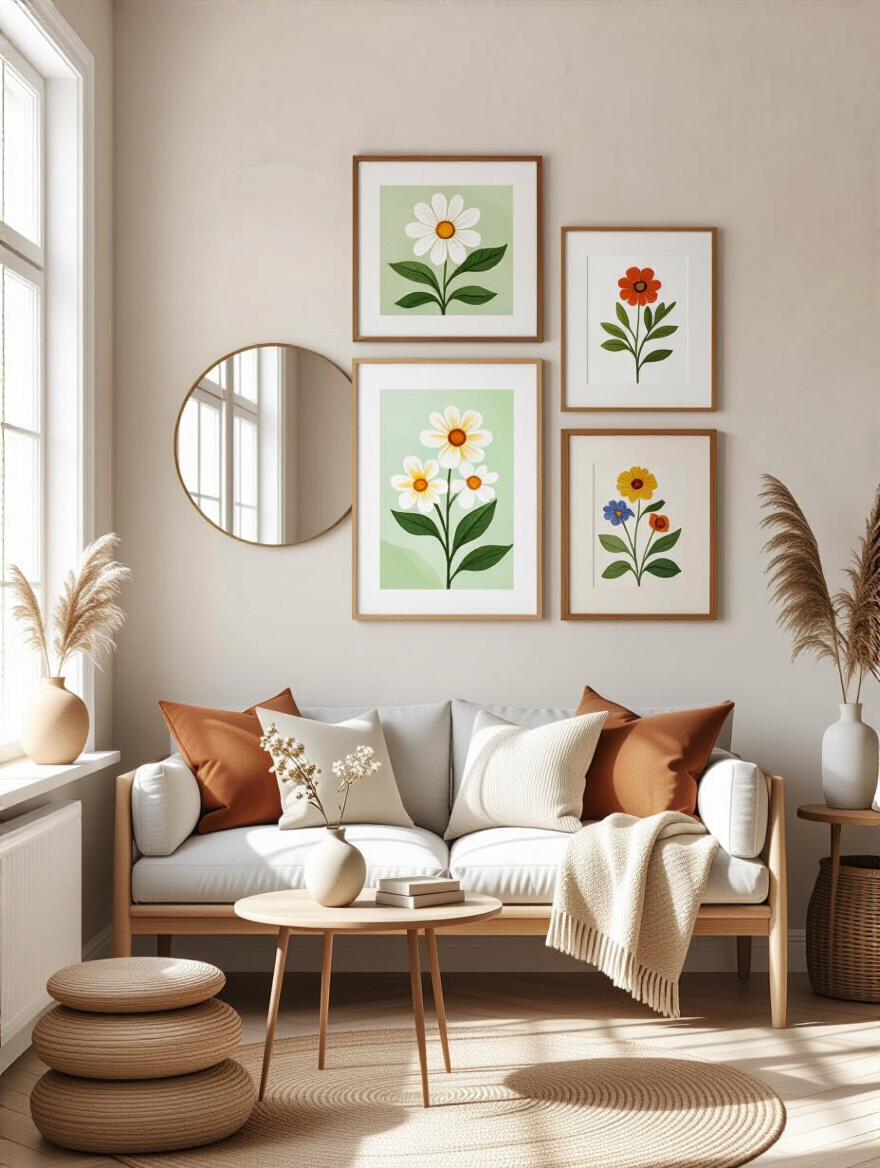 Portrait of a living room with a seasonally rotated gallery wall