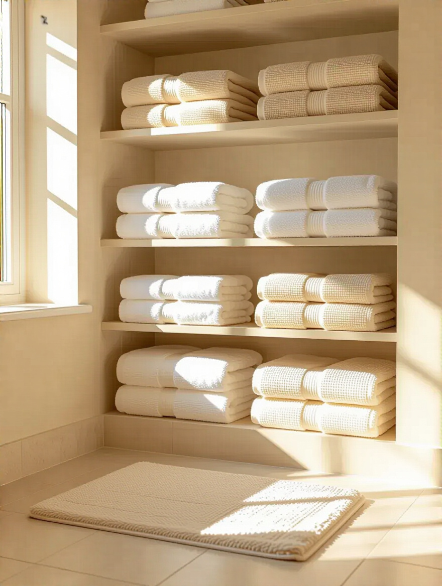 Neatly folded fresh beige bath towels and a clean beige bathmat on a light-colored floor in a serene beige bathroom, symbolizing textile rotation.