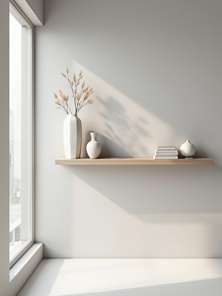 A pristine modern bedroom with a beautifully decluttered floating shelf, featuring minimalist decor, showcasing effective modern bedroom decluttering practices.