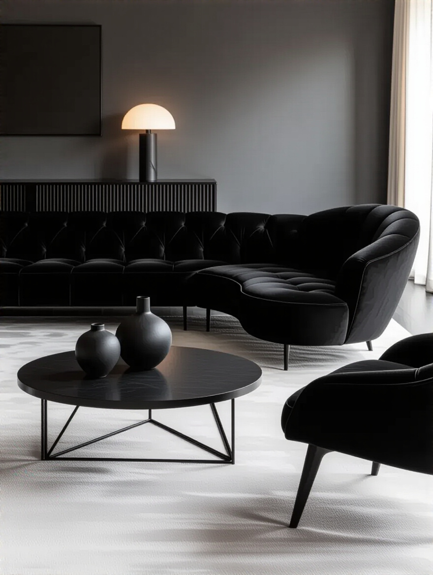 A luxurious black living room featuring a velvet sofa, matte metal coffee table, and sculptural black armchair, showcasing varied textures and architectural furniture forms.